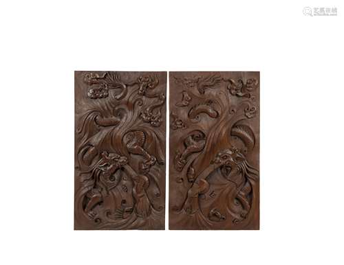 A Pair Of Wood Carved Dragon Board