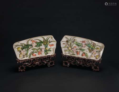 Qing-A Pair Of Ivory Carved And Color Lotus Flowers And Fishes In Pond