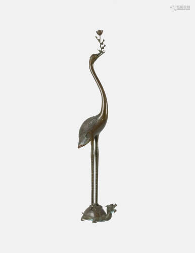Qing-A Bronze Crane and Dragon Turtle Candlestick