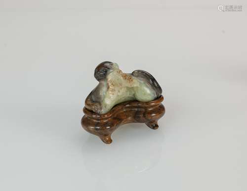 Antique - A Black White Jade Caved Butterfly And Cat (Wood stand)