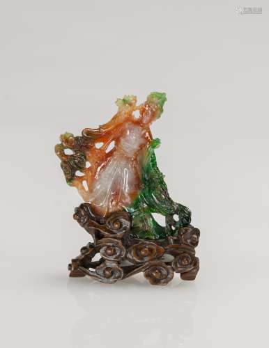 Qing-A Tri-Color Jadeite Carved Goddess With Wood Stand
