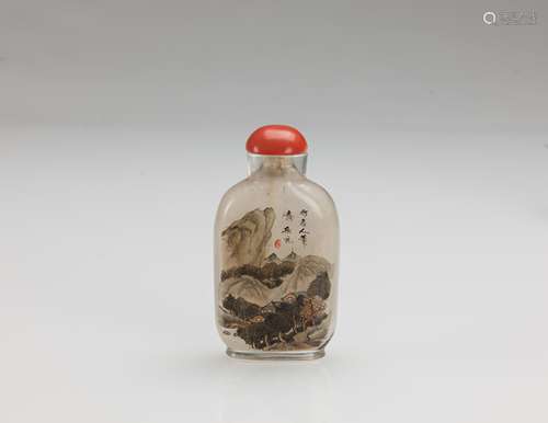 Zhou Leyuan (Late Qing) A Painted Landscape Glass Snuff Bottle