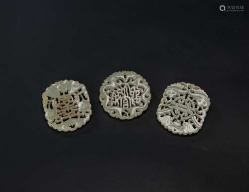 Late Qing/Republic-A Group Of Three White Jade Carved ‘Happiness, Fu And Shou’ Brooch