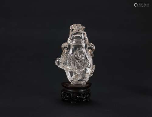 Qing-A Crystal Carved Chilong And Elephant Handle Vase (Wood Stand)