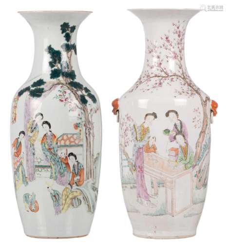Two Chinese famille rose vases, decorated with gallant scenes and calligraphic texts, H 58 - 58,5 cm