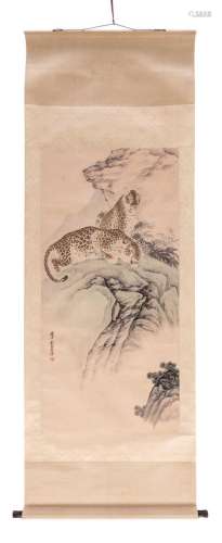 Liu Kuiling, a scroll painting depicting leopards in a mountain landscape, 64,5 x 133,5 - 79,5 x 227
