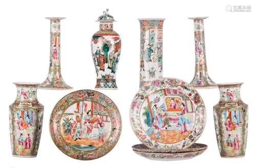 A Chinese famille verte vase and vase with cover, overall decorated with an animated scene, H 21,5 - 24,5 cm; added a lot of Chinese Cantonese porcelain, 19th- 20thC, H 20 - 21,5 cm