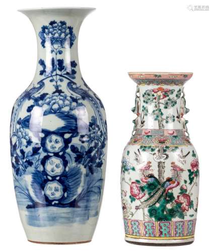 A Chinese famille rose vase, overall decorated with phoenixes, birds, and flower branches, 19thC, H 42,5 cm; added a Chinese celadon ground blue and white decorated vase with birds on a flower branche, H 58 cm