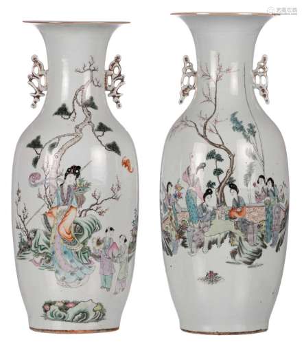 Two Chinese famille rose vases, decorated with garden scenes, butterflies and calligraphic texts, one marked, H 57 - 58,5 cm