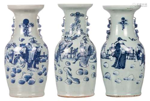 Three Chinese celadon blue and white vases, decorated with animated scenes, H 43 - 43,5 cm