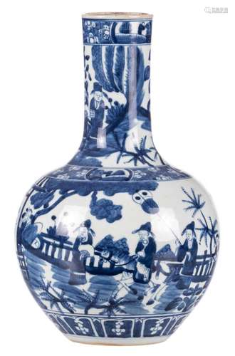 A Chinese blue and white bottle vase, painted with animated scenes, 19thC, H 36 cm