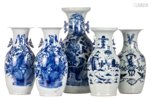 Five Chinese blue and white vases, decorated with birds and flower branches, antiquities and an animated scene, H 43 - 57,5 cm