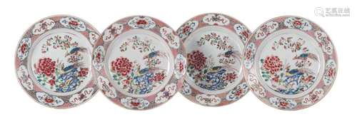 A set of four Chinese famille rose dishes, decorated with two birds and flowers, 18thC, Diameter 22,5 cm