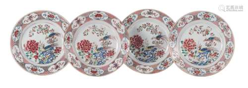A set of four Chinese famille rose dishes, decorated with two birds and flowers, 18thC, Diameter 22,5 cm