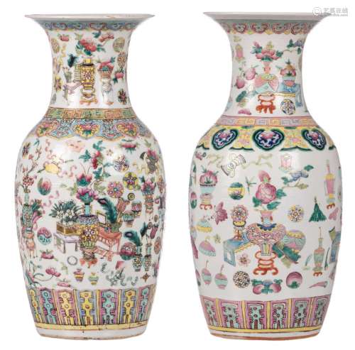 A pair of Chinese famille rose vases, decorated with floral vases, antiquities and auspicious symbols, 19thC, H 45,5 cm