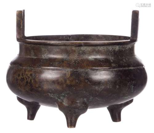 A Chinese bronze incense burner with a Xuande mark, about 1900, H 9 - Diameter 13 cm