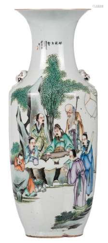 A Chinese polychrome decorated vase with literati in a garden and calligraphic texts, signed, H 59,5 cm