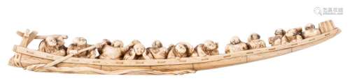 A Japanese ivory carving of a long boat, signed, Meiji period, L 41 cm
