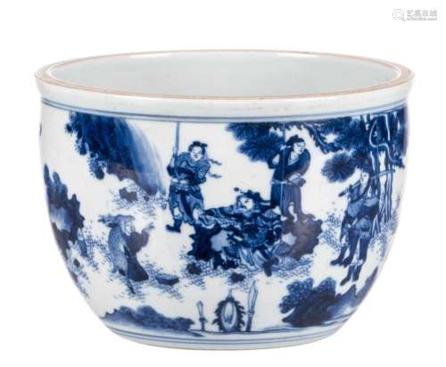 A Chinese blue and white bowl, overall decorated with an animated scene, H 13,5 - Diameter 19,5 cm