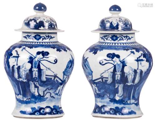 A pair of Chinese blue and white vases and covers, overall decorated with an animated scene, H 37 cm (damage)