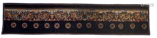 A Chinese silk and gilt thread embroidered fragment, decorated with dragons, about 1900, 69 x 328 cm