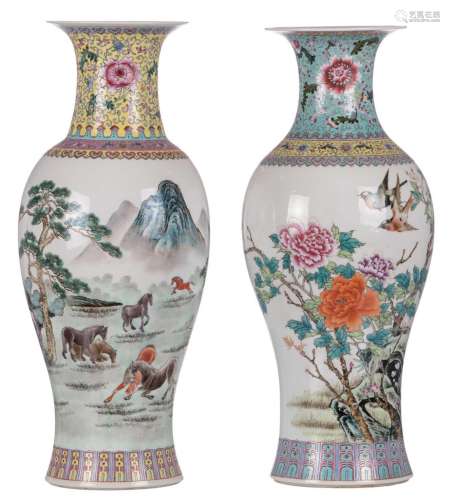 Two Chinese polychrome vases, decorated with horse in a landscape, birds and flower branches, and calligraphic texts, marked, 20thC, H 60 cm