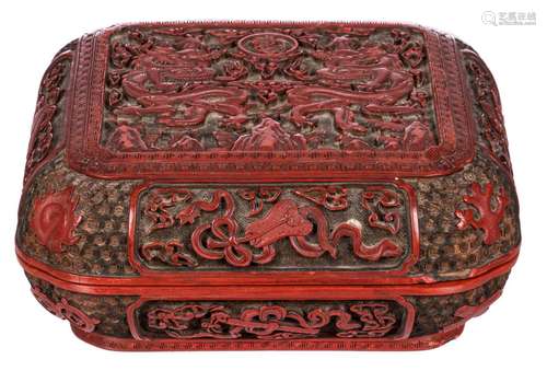 A Chinese quadrangular red cinnabar lacquer box and cover, decorated with dragons, antiquities and auspicious symbols, H 7,5 - Diameter 18 cm