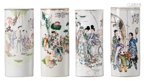 Three Chinese polychrome decorated cylinder shaped vases with an animated scene, marked; added a ditto hat stand, H 28- 28,5 cm