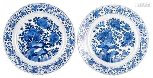 A pair of Chinese blue and white floral plates, marked Kangxi and period, Diameter 36 cm