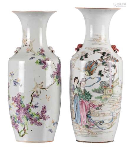 Two Chinese polychrome vases, depicting a court lady walking in her garden and birds on a flower branch, 19thC, H 56 - 58,5 cm