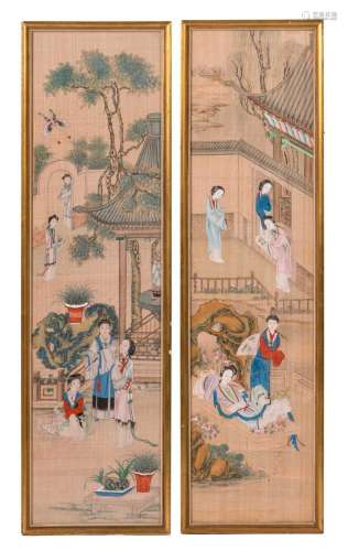 Two Chinese watercolours on textile depicting gallant garden scenes, H 83,5 - W 23 cm