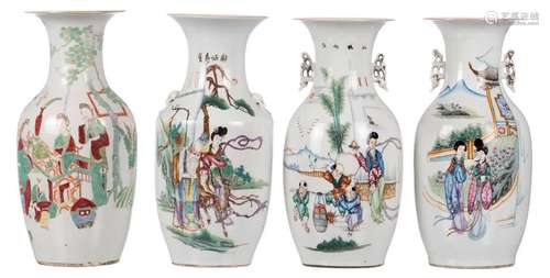 Four Chinese polychrome decorated vases with animated scenes and calligraphic texts, H 42,5 - 44 cm