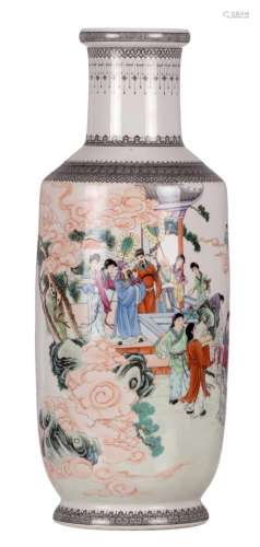 A Chinese polychrome rouleau shaped vase, decorated with Immortals, marked, 20thC, H 61 cm