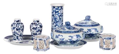 Two Chinese blue and white terrines and plates, three vases (marked), two incense burners and a dish, 18thC, H 7 - 20 cm