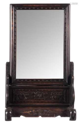 A Chinese carved wooden table screen, mounted as a mirror, H 79,5 - W 47,5 cm