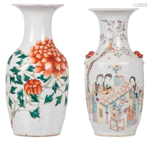 Two Chinese polychrome decorated vases, one vase with flower branches overall and one vase with an animated scene and calligraphic texts, marked, H 43 - 44,5 cm