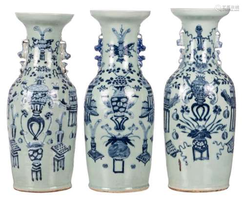 Three Chinese celadon blue and white vases, decorated with antiquities and flower vases, H 57,5 - 60 cm