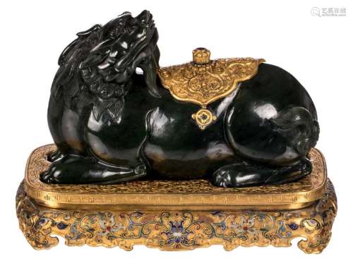 A Chinese jade kylin on a gilt bronze base and ditto saddle, H 17 cm