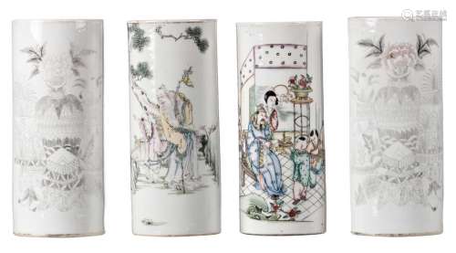 Four Chinese polychrome decorated cylinder shaped vases, two with an animated scene, two with flower vases, one marked, H 29 cm (crack)