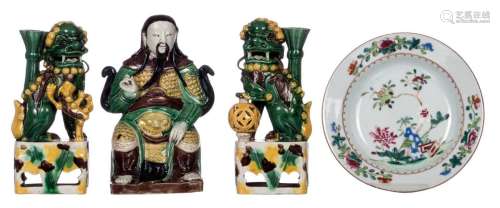 A pair of Chinese sancai incense burners and a ditto figure, 19thC; added a Chinese famille rose floral decorated dish, 18thC, H 18 - 18,5 - Diameter 16,5 cm