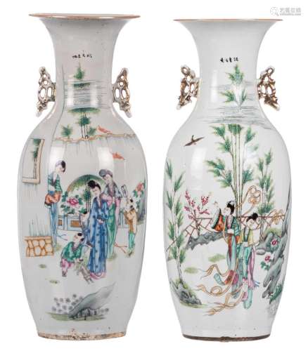 Two Chinese polychrome vases, decorated with garden scenes and calligraphic texts, H 58 - 59 cm