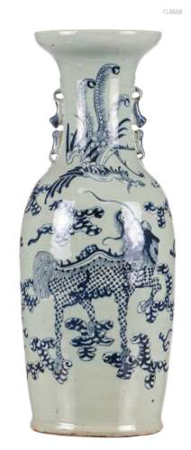 A Chinese blue and white celadon vase, decorated with a kylin and a phoenix, 19thC, H 59,5 cm