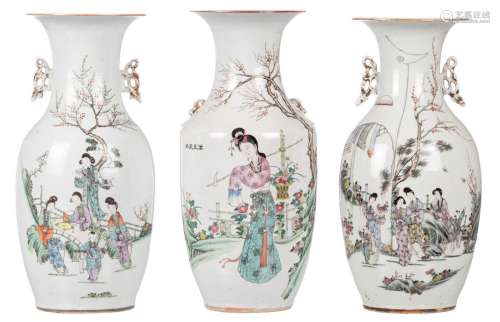 Three Chinese polychrome decorated vases with garden scenes and calligraphic texts, H 43 - 44 cm