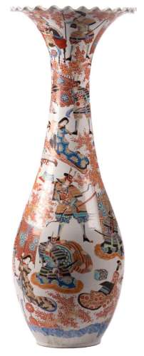 A Japanese polychrome Arita vase, overall decorated with an animated scene, marked, late Meiji period, H 105 cm