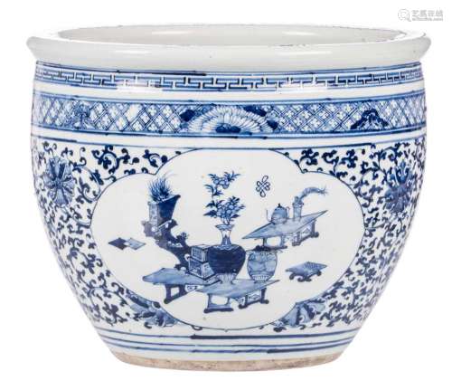 A Chinese blue and white floral decorated cache-pot, the roundels with antiquities and flower vases, H 25 - W 31 cm