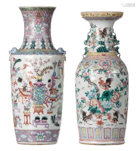 Two Chinese famille rose vases, one decorated with flower vases and antiquities, the other with cockerells and flower branches, H 60- 62,5 cm (crack)