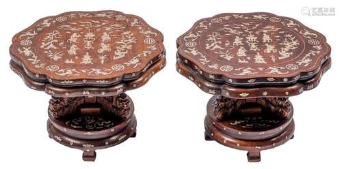 A pair of Chinese carved hardwood stools, with ivory inlay, about 1900, H 22 - D 30,5 cm