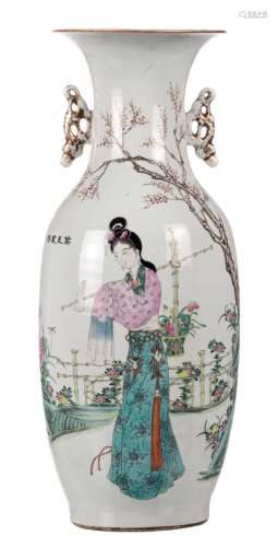 A Chinese polychrome vase, decorated with a court lady in a garden, H 57,5 cm