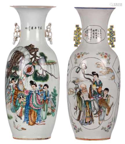 Two Chinese polychrome vases, decorated on both sides, depicting animated scenes, H 58,5 cm (one with a crack)