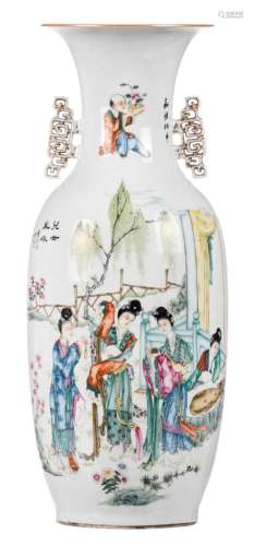 A Chinese overall polychrome decorated vase, signed, H 58,5 cm